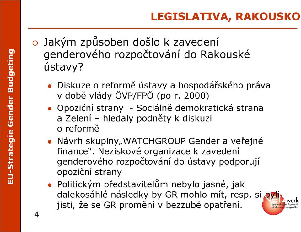 2000) Opoziční strany - Sociálně demokratická strana a Zelení hledaly podněty k diskuzi o reformě Návrh skupiny WATCHGROUP Gender a veřejné