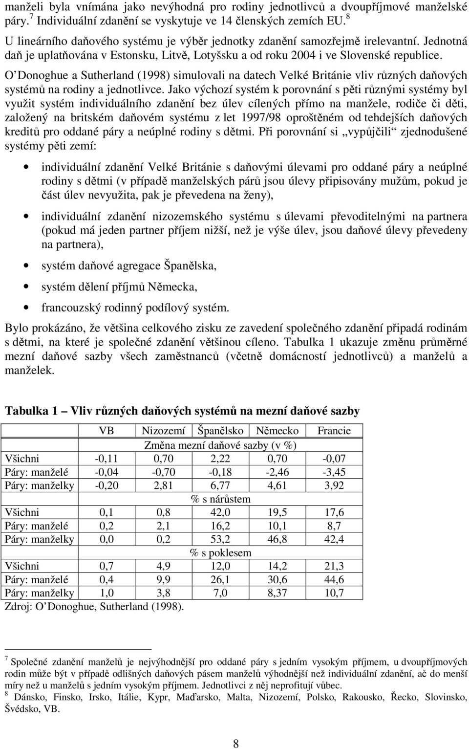 O Donoghue a Sutherland (1998) simulovali na datech Velké Británie vliv různých daňových systémů na rodiny a jednotlivce.