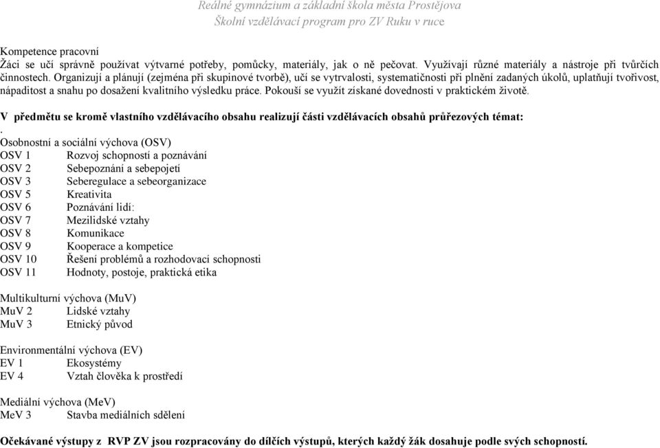 Pokouší se využít získané dovednosti v praktickém životě. V předmětu se kromě vlastního vzdělávacího obsahu realizují části vzdělávacích obsahů průřezových témat:.