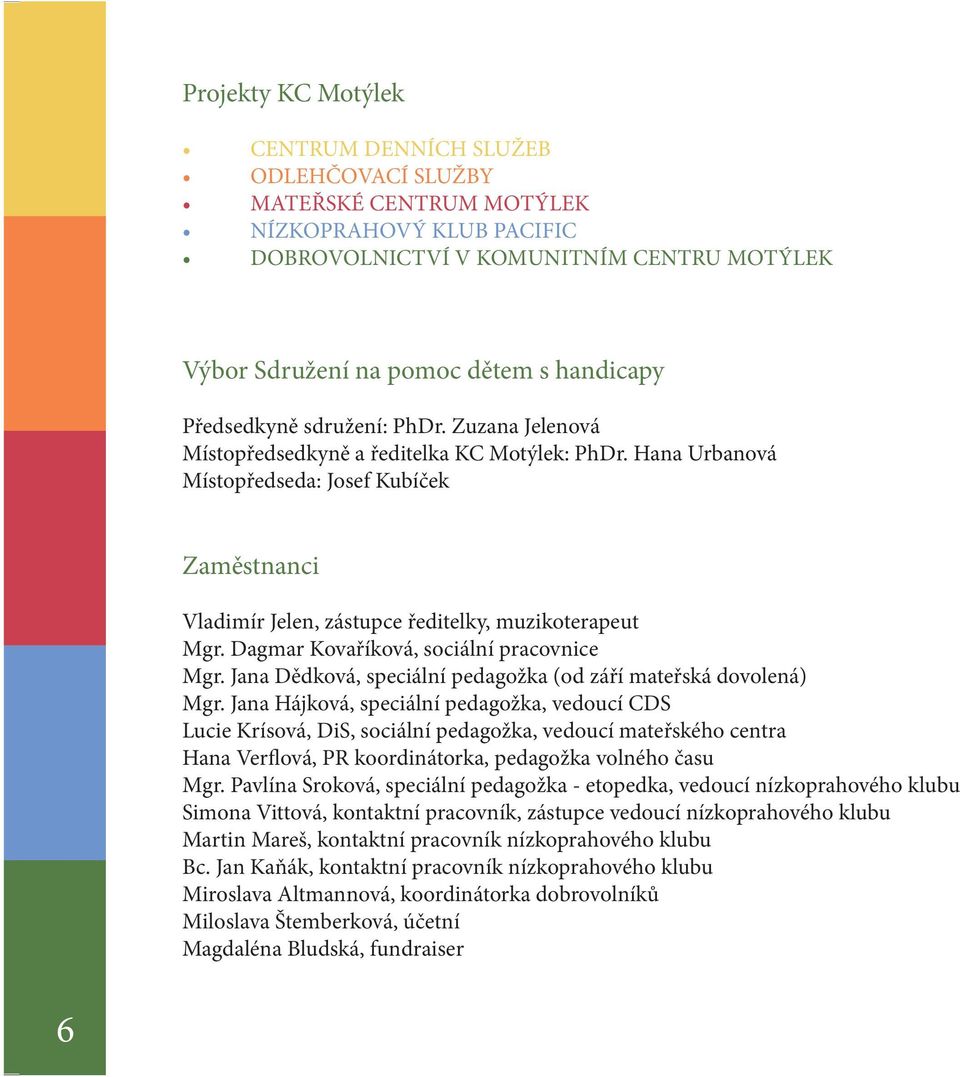 Hana Urbanová Místopředseda: Josef Kubíček Zaměstnanci Vladimír Jelen, zástupce ředitelky, muzikoterapeut Mgr. Dagmar Kovaříková, sociální pracovnice Mgr.