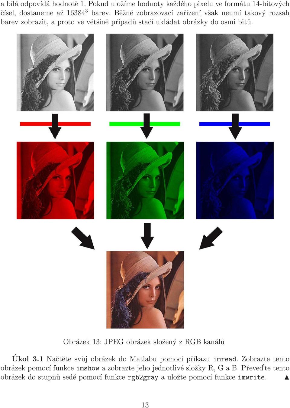 Obrázek 13: JPEG obrázek složený z RGB kanálů Úkol 3.1 Načtěte svůj obrázek do Matlabu pomocí příkazu imread.