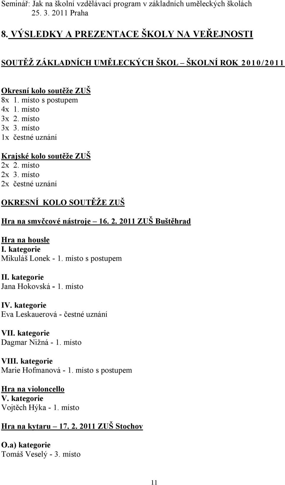 místo 1x čestné uznání Krajské kolo soutěže ZUŠ 2x 2. místo 2x 3. místo 2x čestné uznání OKRESNÍ KOLO SOUTĚŽE ZUŠ Hra na smyčcové nástroje 16. 2. 211 ZUŠ Buštěhrad Hra na housle I.