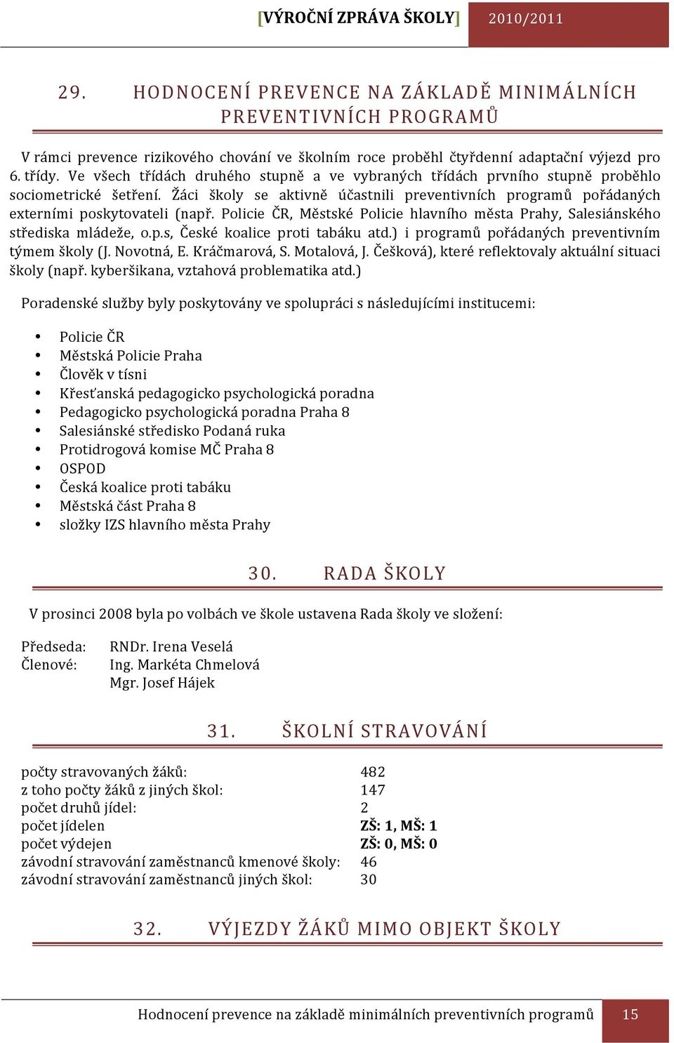 Žáci školy se aktivně účastnili preventivních programů pořádaných externími poskytovateli (např. Policie ČR, Městské Policie hlavního města Prahy, Salesiánského střediska mládeže, o.p.s, České koalice proti tabáku atd.