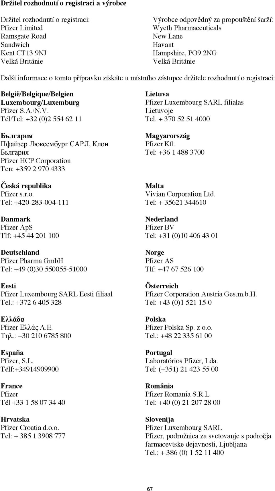 Luxembourg/Luxemburg Pfizer S.A./N.V. Tél/Tel: +32 (0)2 554 62 11, Pfizer HCP Corporation Ten: +359 2 970 4333 eská republika Pfizer s.r.o. Tel: +420-283-004-111 Danmark Pfizer ApS Tlf: +45 44 201 100 Deutschland Pfizer Pharma GmbH Tel: +49 (0)30 550055-51000 Eesti Pfizer Luxembourg SARL Eesti filiaal Tel.