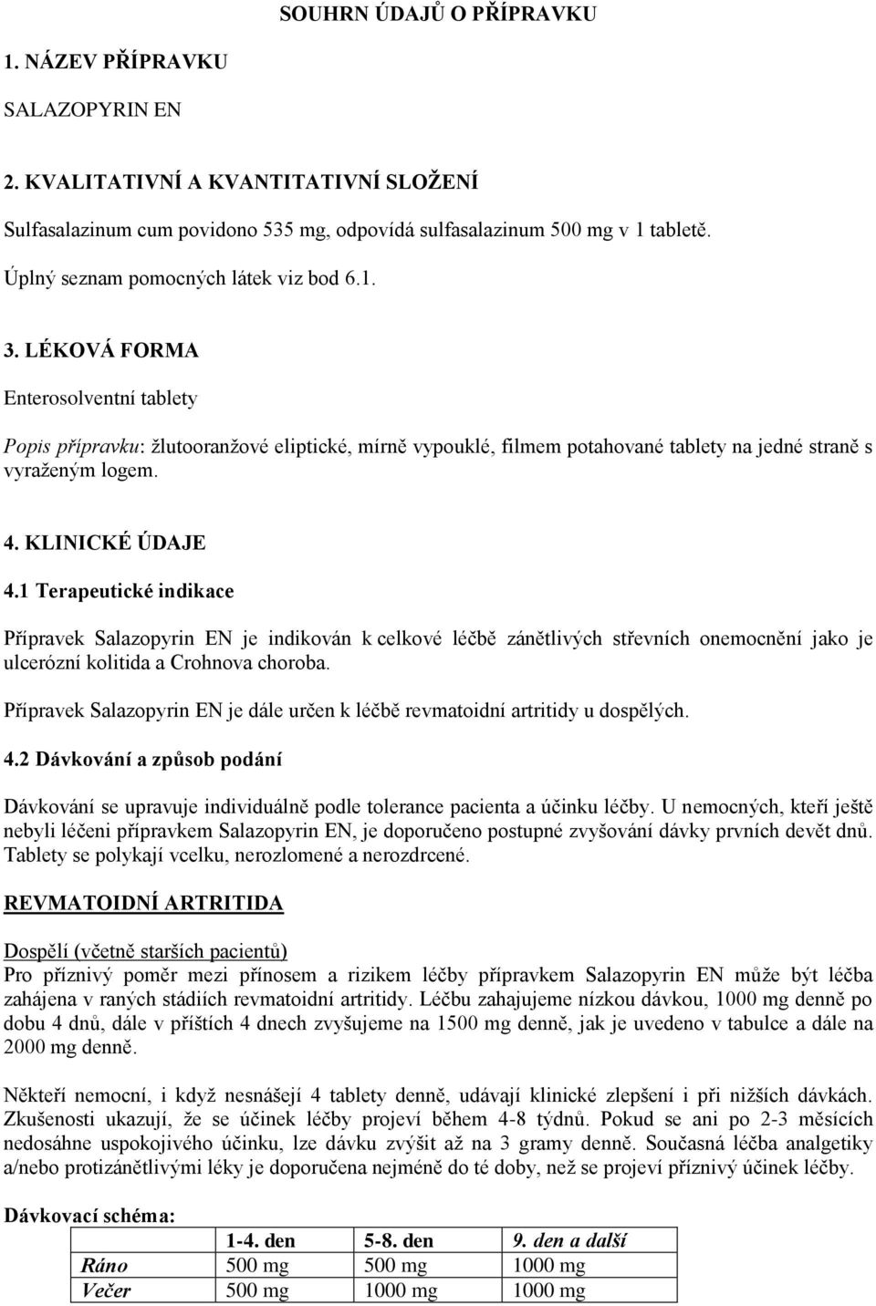 4. KLINICKÉ ÚDAJE 4.1 Terapeutické indikace Přípravek Salazopyrin EN je indikován k celkové léčbě zánětlivých střevních onemocnění jako je ulcerózní kolitida a Crohnova choroba.