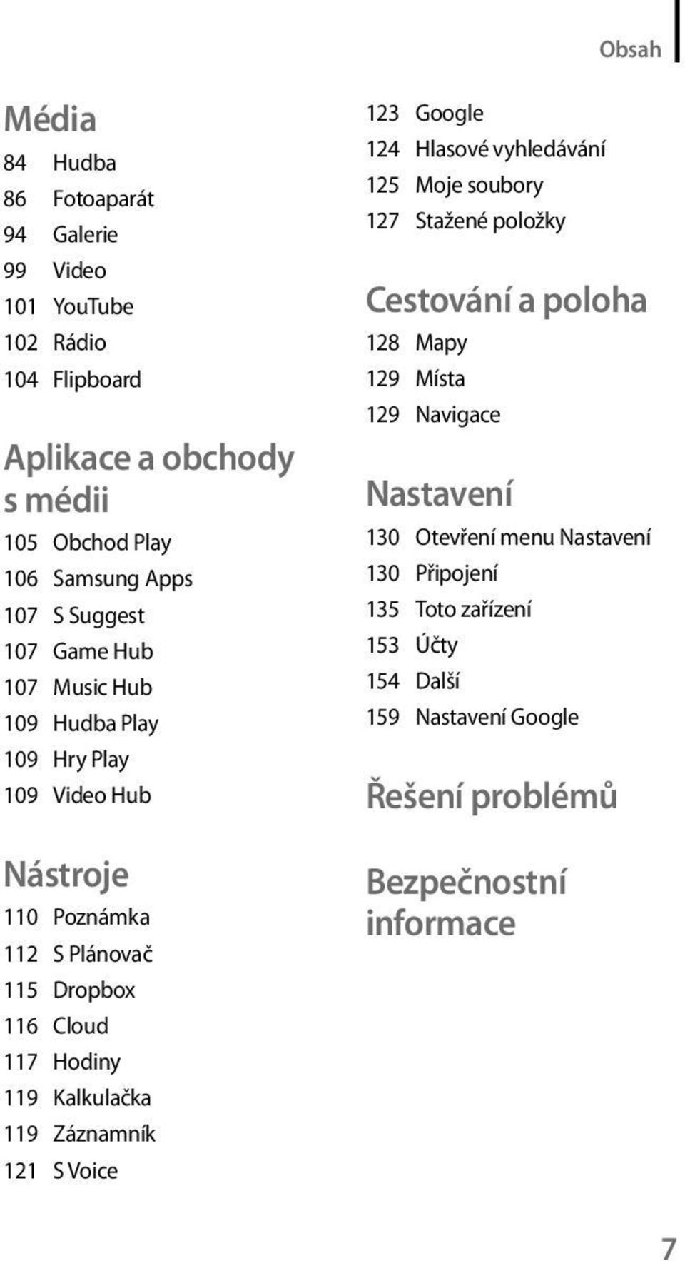 Kalkulačka 119 Záznamník 121 S Voice 123 Google 124 Hlasové vyhledávání 125 Moje soubory 127 Stažené položky Cestování a poloha 128 Mapy 129 Místa 129