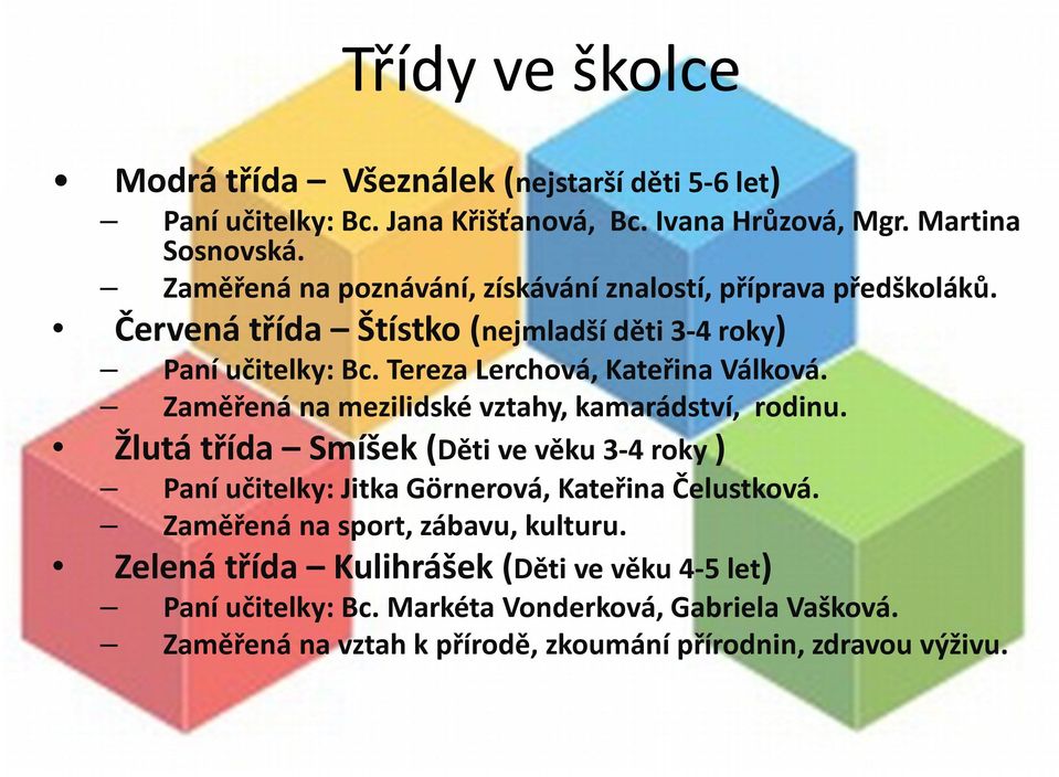 Zaměřená na mezilidské vztahy, kamarádství, rodinu. Žlutá třída Smíšek (Děti ve věku 3-4 roky ) Paní učitelky: Jitka Görnerová, Kateřina Čelustková.