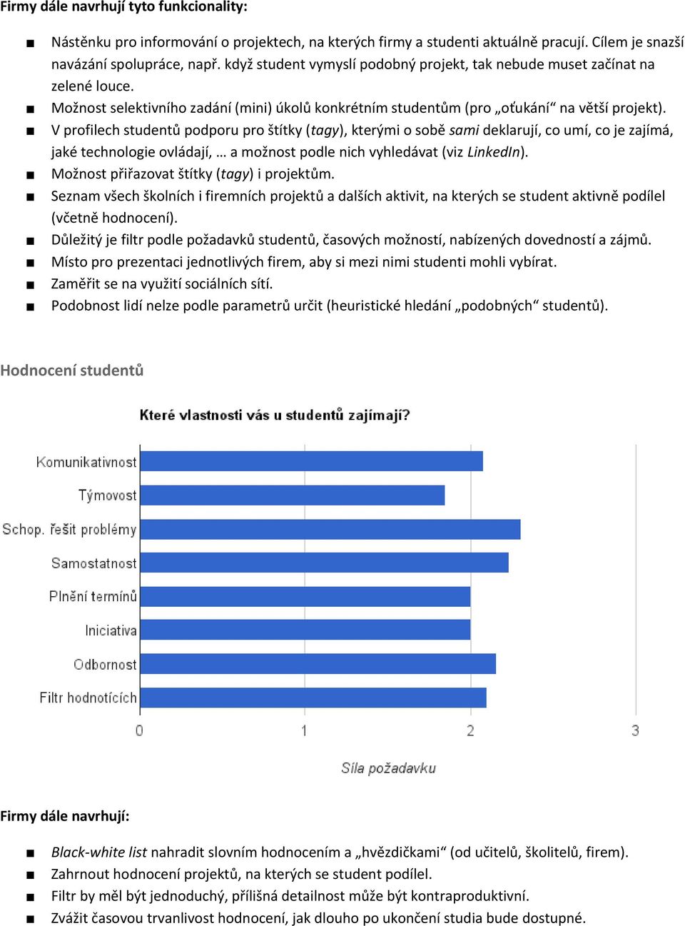 V profilech studentů podporu pro štítky (tagy), kterými o sobě sami deklarují, co umí, co je zajímá, jaké technologie ovládají, a možnost podle nich vyhledávat (viz LinkedIn).