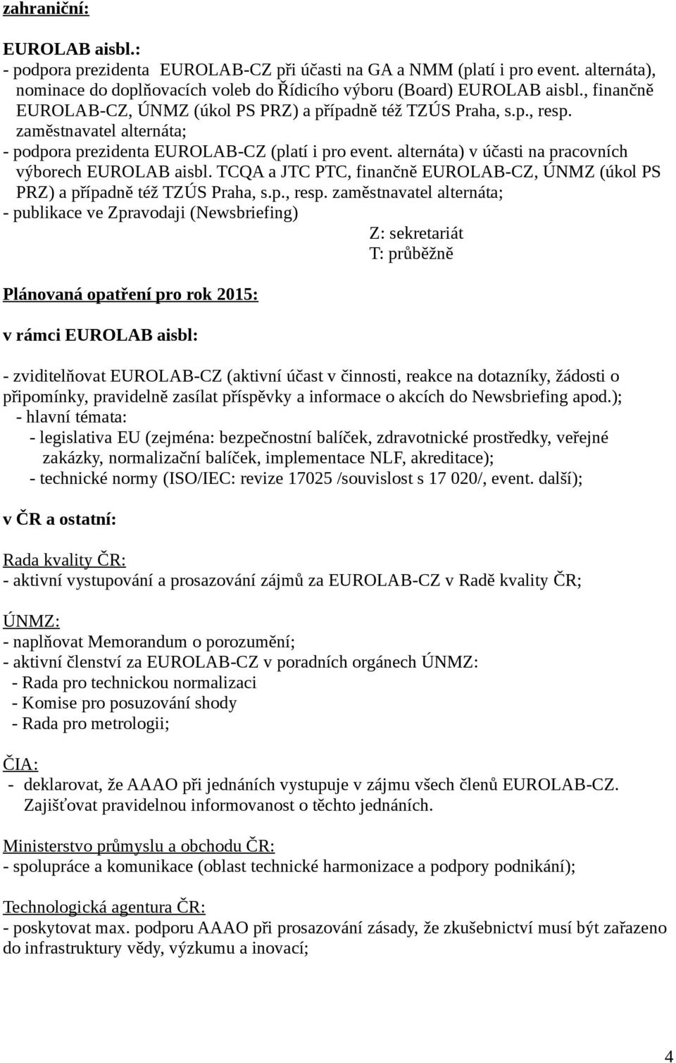 alternáta) v účasti na pracovních výborech EUROLAB aisbl. TCQA a JTC PTC, finančně EUROLAB-CZ, ÚNMZ (úkol PS PRZ) a případně též TZÚS Praha, s.p., resp.