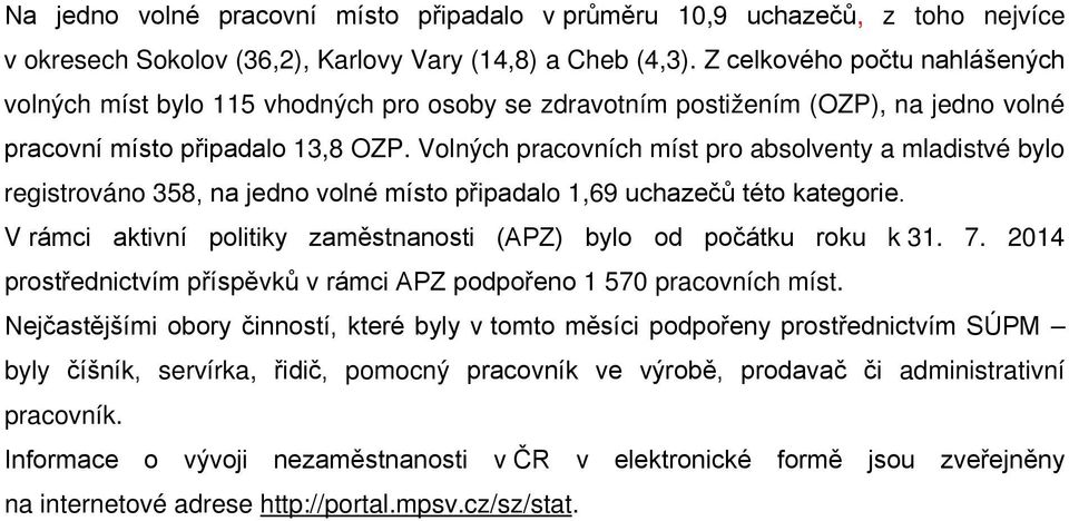 Volných pracovních míst pro absolventy a mladistvé bylo registrováno 358, na jedno volné místo připadalo 1,69 uchazečů této kategorie.