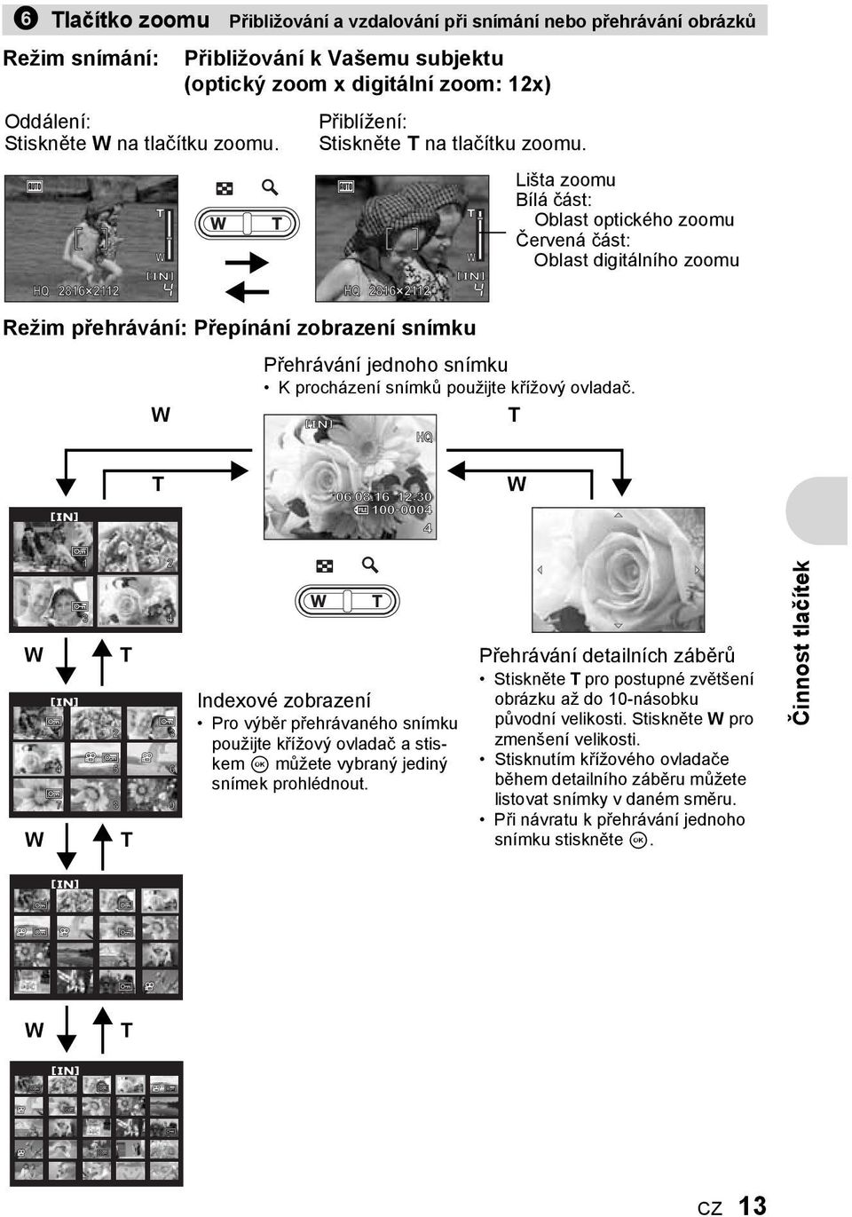 HQ 2816 21122112 4 HQ 2816 21122112 4 Režim přehrávání: Přepínání zobrazení snímku W Lišta zoomu Bílá část: Oblast optického zoomu Červená část: Oblast digitálního zoomu Přehrávání jednoho snímku K