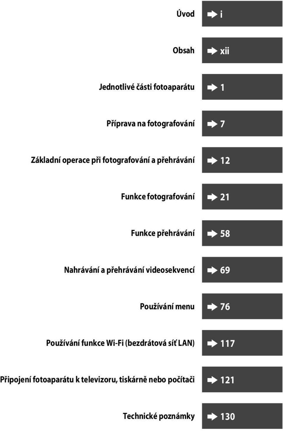 Nahrávání a přehrávání videosekvencí 69 Používání menu 76 Používání funkce Wi-Fi