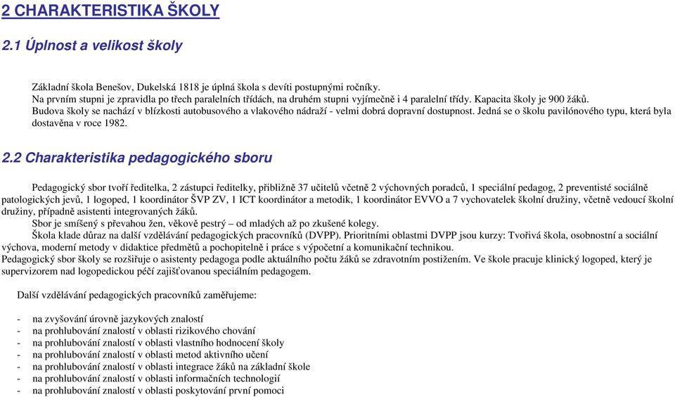 Budova školy se nachází v blízkosti autobusového a vlakového nádraží - velmi dobrá dopravní dostupnost. Jedná se o školu pavilónového typu, která byla dostavěna v roce 1982. 2.