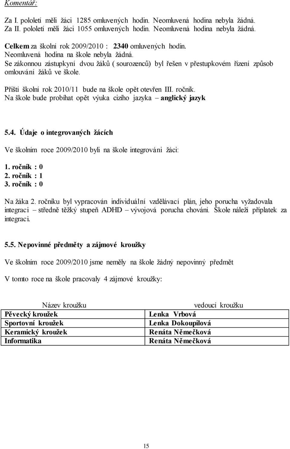 Příští školní rok 2010/11 bude na škole opět otevřen III. ročník. Na škole bude probíhat opět výuka cizího jazyka anglický jazyk 5.4.