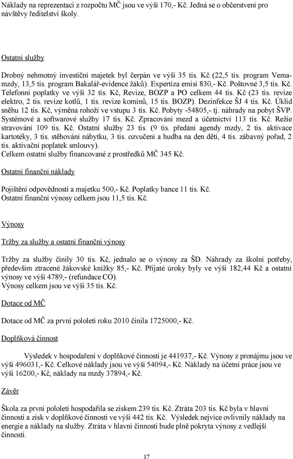 Kč (23 tis. revize elektro, 2 tis. revize kotlů, 1 tis. revize komínů, 15 tis. BOZP). Dezinfekce ŠJ 4 tis. Kč. Úklid sněhu 12 tis. Kč, výměna rohoží ve vstupu 3 tis. Kč. Pobyty -54805,- tj.