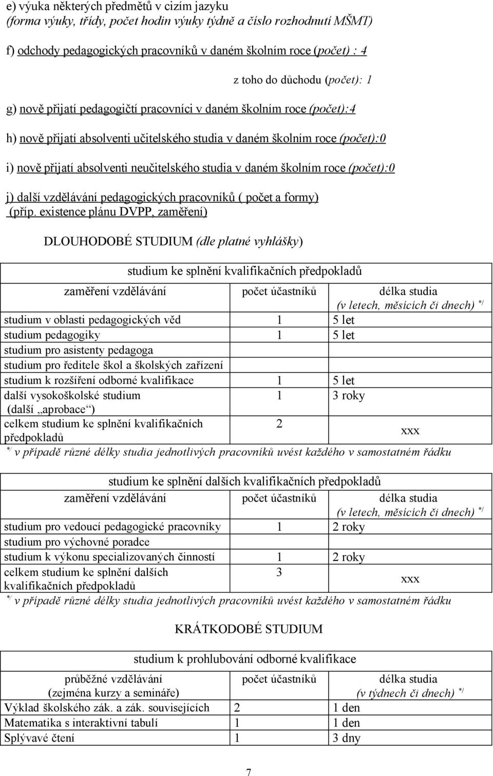 studia v daném školním roce (počet):0 j) další vzdělávání pedagogických pracovníků ( počet a formy) (příp.