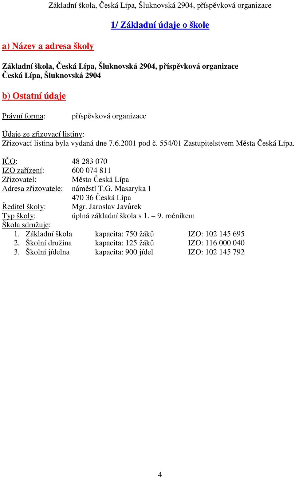 IČO: 48 283 070 IZO zařízení: 600 074 811 Zřizovatel: Město Česká Lípa Adresa zřizovatele: náměstí T.G. Masaryka 1 470 36 Česká Lípa Ředitel školy: Mgr.