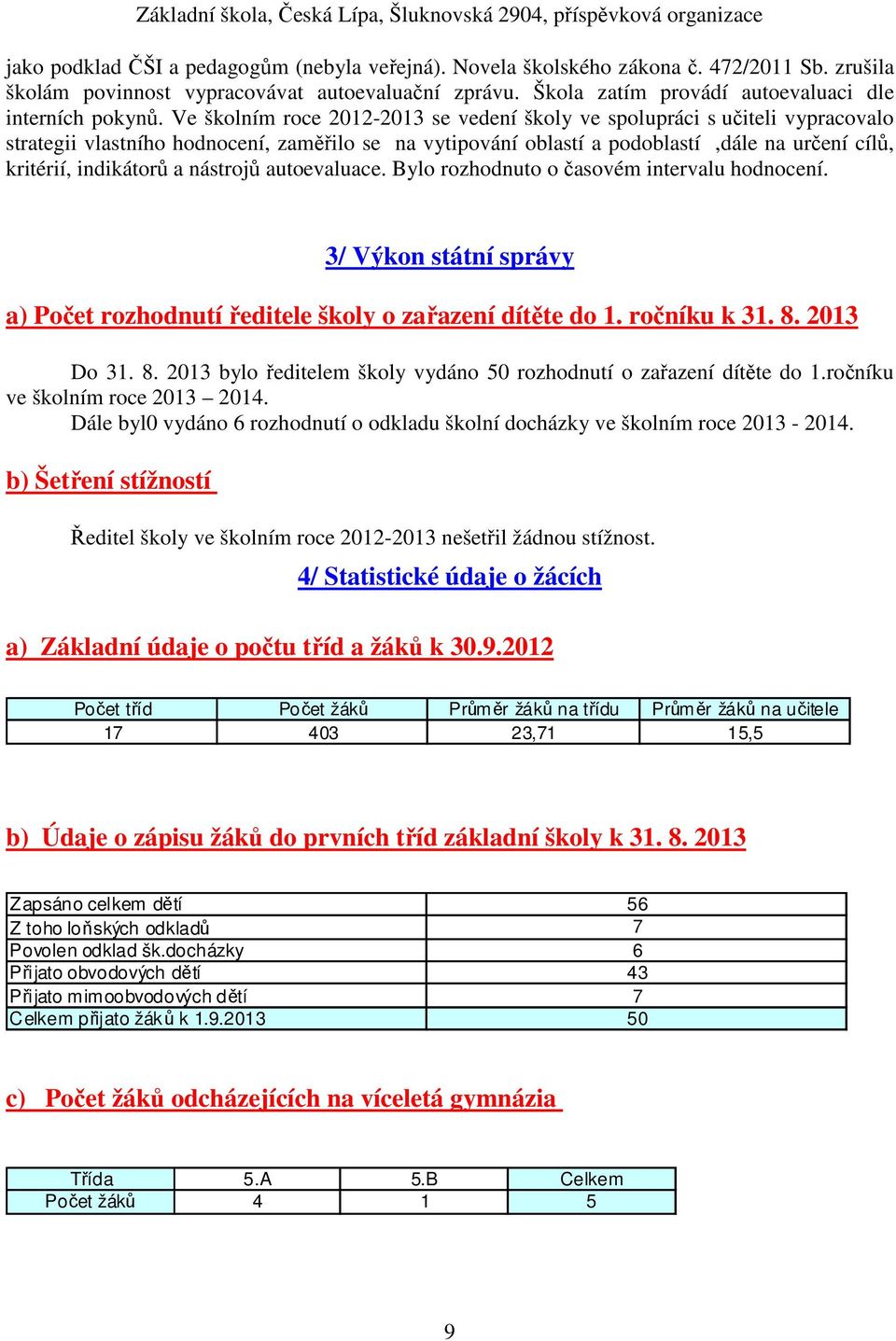 Ve školním roce 2012-2013 se vedení školy ve spolupráci s učiteli vypracovalo strategii vlastního hodnocení, zaměřilo se na vytipování oblastí a podoblastí,dále na určení cílů, kritérií, indikátorů a