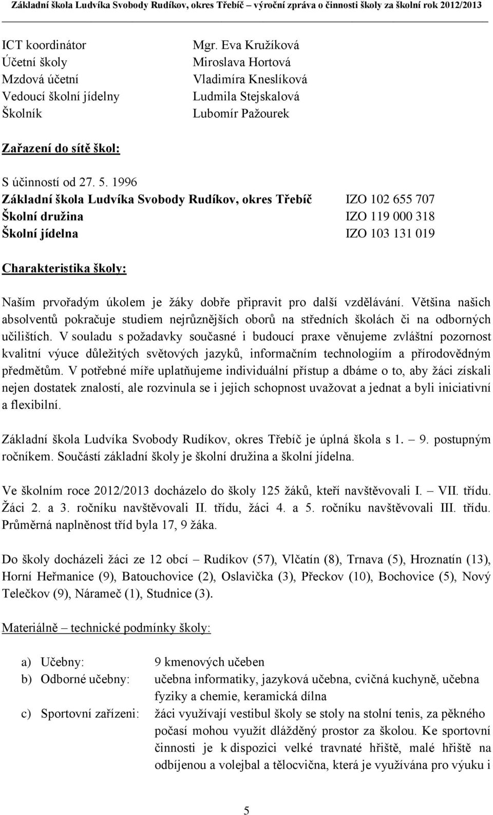 1996 Základní škola Ludvíka Svobody Rudíkov, okres Třebíč IZO 102 655 707 Školní druţina IZO 119 000 318 Školní jídelna IZO 103 131 019 Charakteristika školy: Naším prvořadým úkolem je ţáky dobře