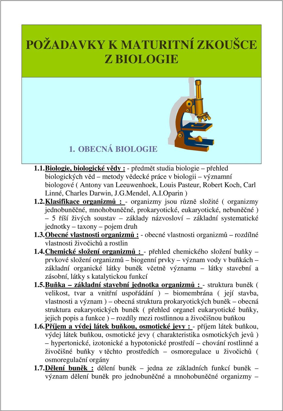 1. Biologie, biologické vědy : - předmět studia biologie přehled biologických věd metody vědecké práce v biologii významní biologové ( Antony van Leeuwenhoek, Louis Pasteur, Robert Koch, Carl Linné,