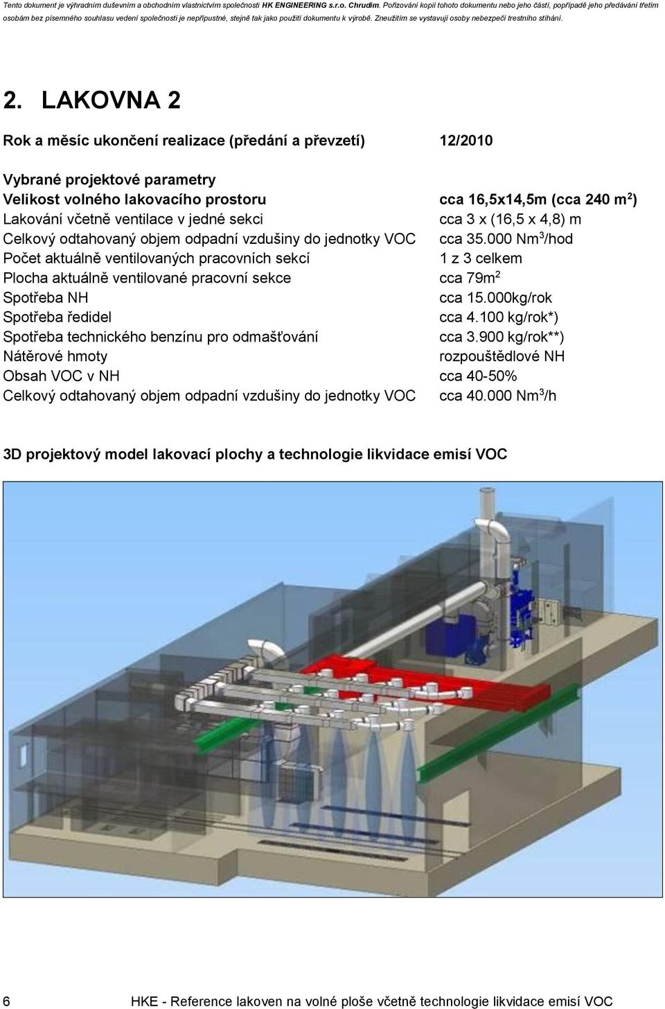 000 Nm 3 /hod Počet aktuálně ventilovaných pracovních sekcí 1 z 3 celkem Plocha aktuálně ventilované pracovní sekce cca 79m 2 Spotřeba NH cca 15.000kg/rok Spotřeba ředidel cca 4.