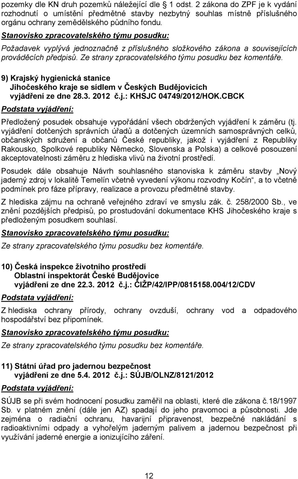 9) Krajský hygienická stanice Jihočeského kraje se sídlem v Českých Budějovicích vyjádření ze dne 28.3. 2012 č.j.: KHSJC 04749/2012/HOK.