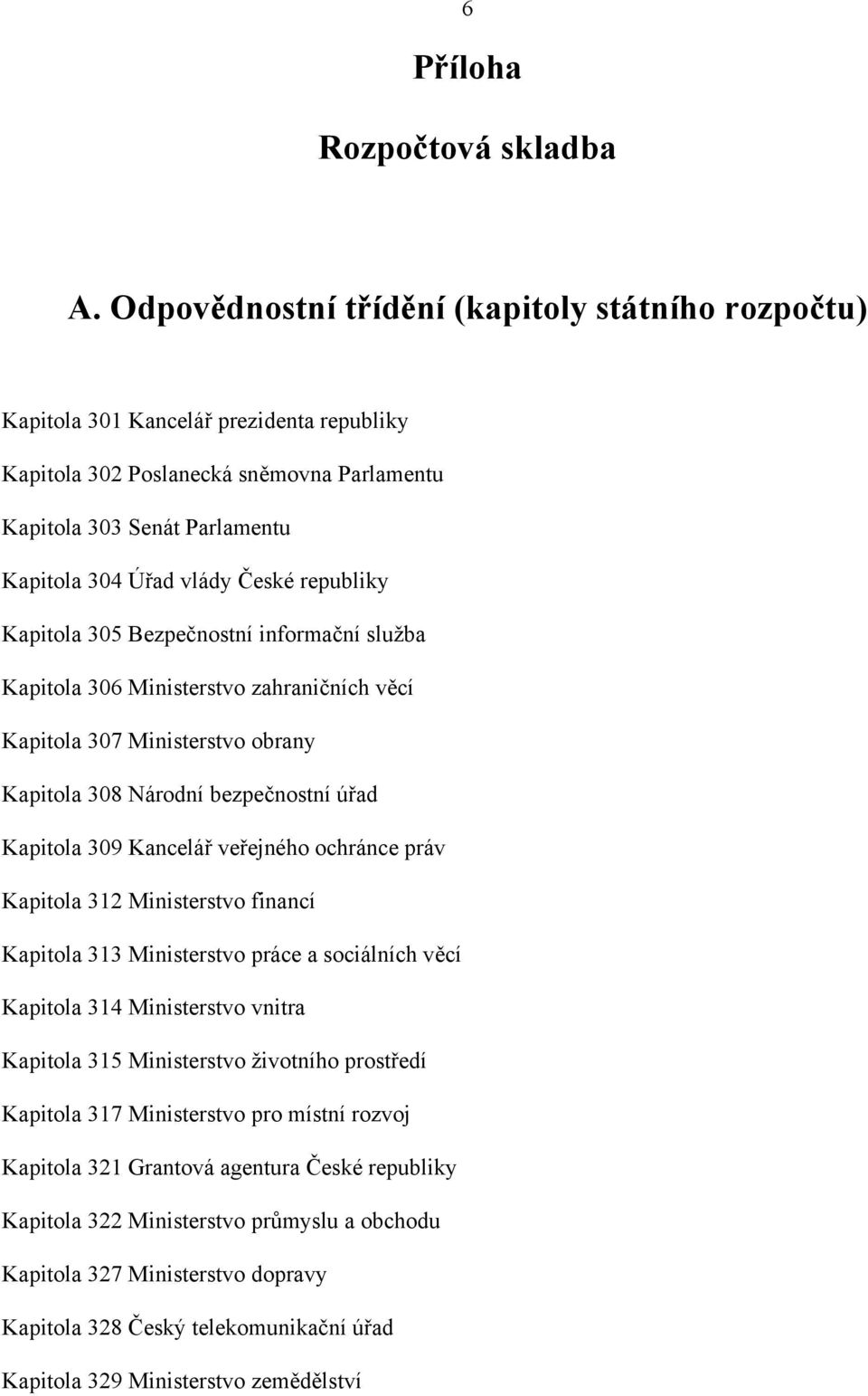 republiky Kapitola 305 Bezpečnostní informační služba Kapitola 306 Ministerstvo zahraničních věcí Kapitola 307 Ministerstvo obrany Kapitola 308 Národní bezpečnostní úřad Kapitola 309 Kancelář