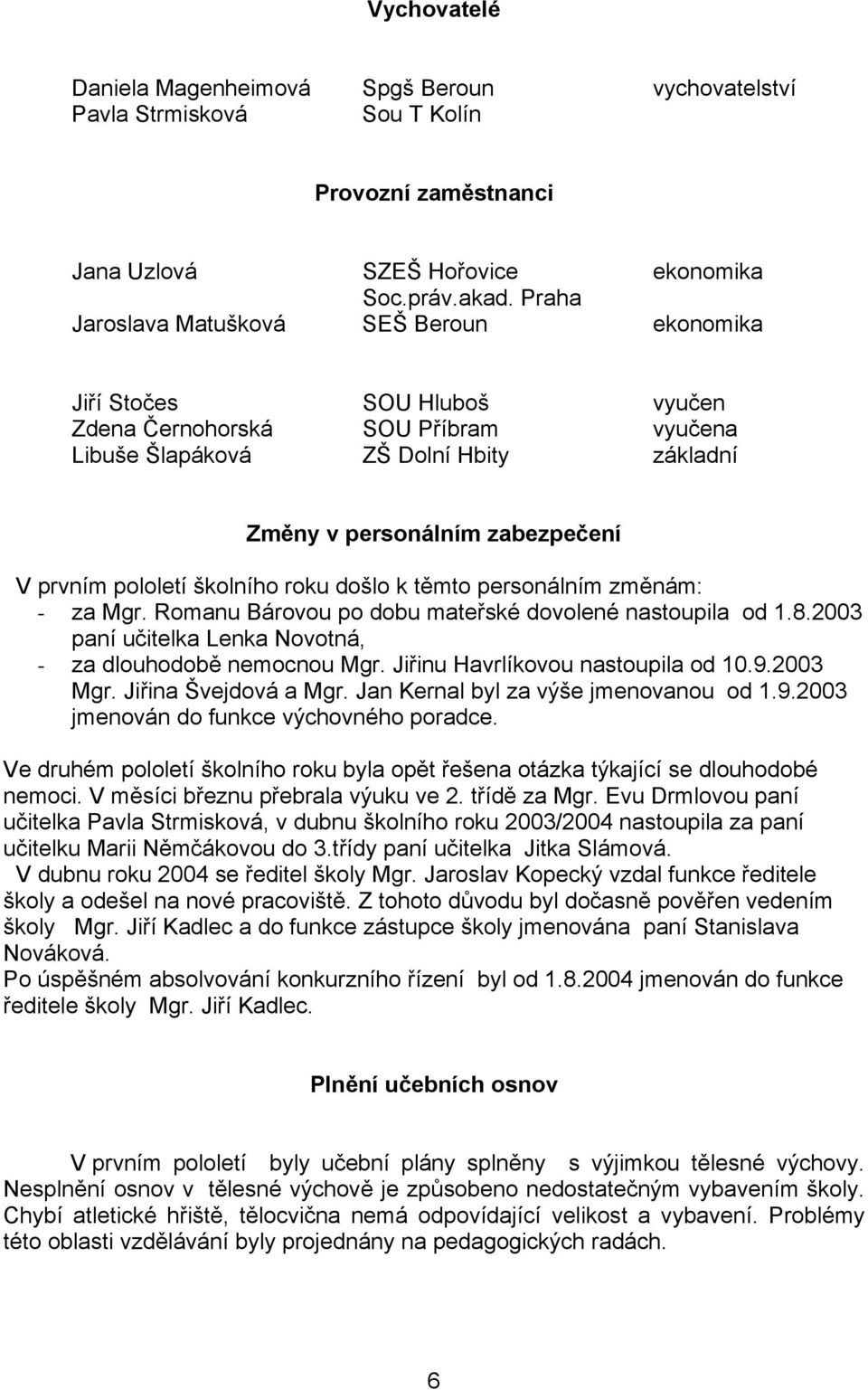 pololetí školního roku došlo k těmto personálním změnám: - za Mgr. Romanu Bárovou po dobu mateřské dovolené nastoupila od 1.8.2003 paní učitelka Lenka Novotná, - za dlouhodobě nemocnou Mgr.