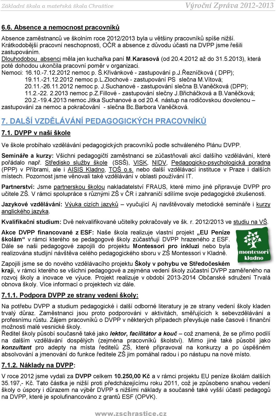 2013), která poté dohodou ukončila pracovní poměr v organizaci. Nemoci: 16.10.-7.12.2012 nemoc p. Š.Křivánkové - zastupování p.j.řezníčková ( DPP); 19.11.-21.12.2012 nemoc p.l.zlochové - zastupování PS slečna M.