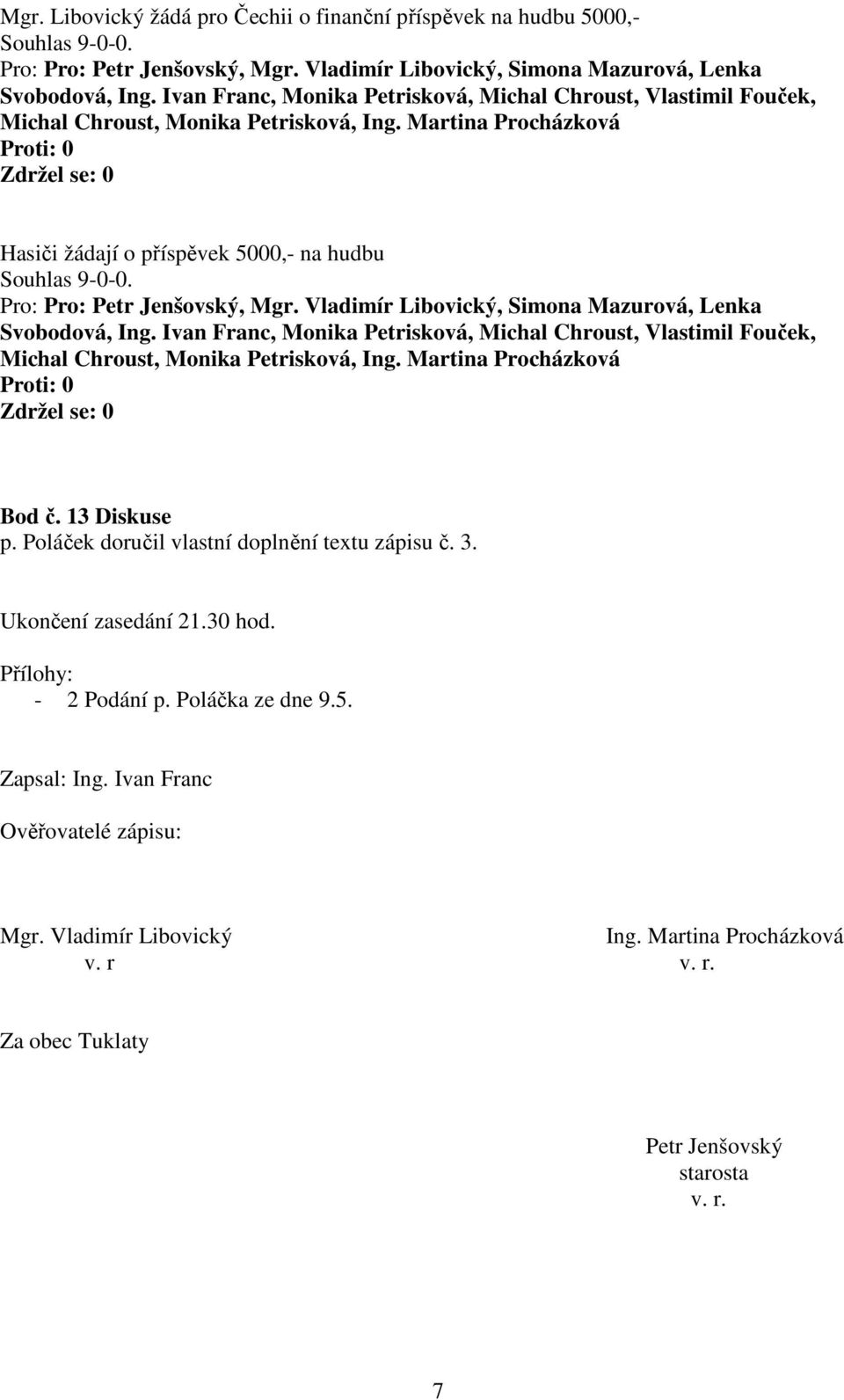 Vladimír Libovický, Simona Mazurová, Lenka Svobodová, Ing. Ivan Franc, Monika Petrisková, Michal Chroust, Vlastimil Fouček, Michal Chroust, Bod č. 13 Diskuse p.