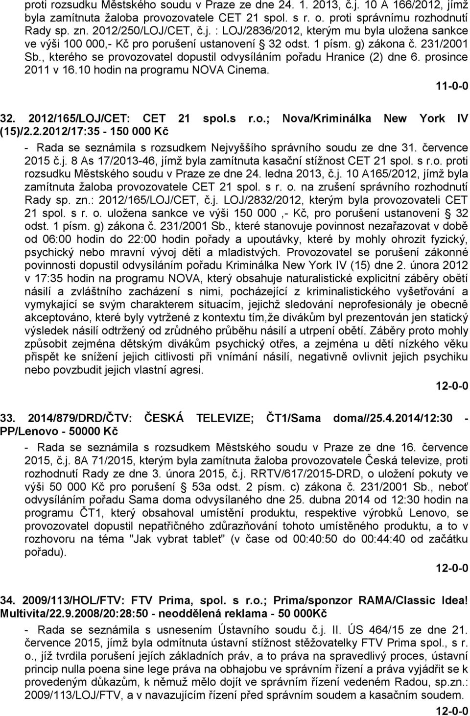 , kterého se provozovatel dopustil odvysíláním pořadu Hranice (2) dne 6. prosince 2011 v 16.10 hodin na programu NOVA Cinema. 32. 2012/165/LOJ/CET: CET 21 spol.s r.o.; Nova/Kriminálka New York IV (15)/2.