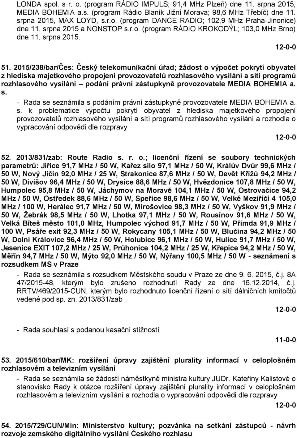 2015/238/bar/Čes: Český telekomunikační úřad; žádost o výpočet pokrytí obyvatel z hlediska majetkového propojení provozovatelů rozhlasového vysílání a sítí programů rozhlasového vysílání podání