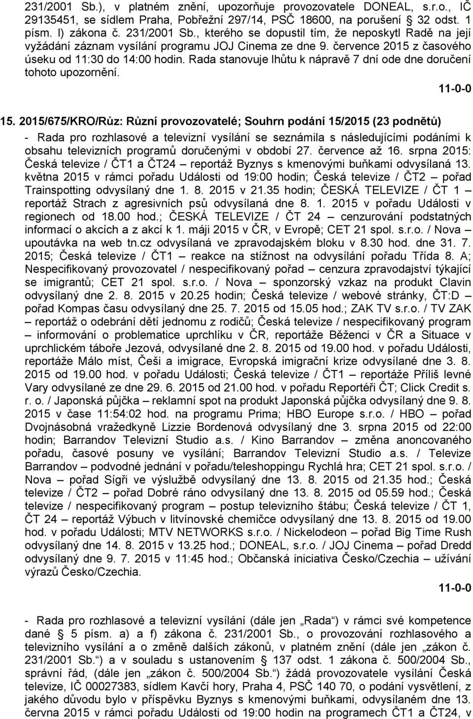 Rada stanovuje lhůtu k nápravě 7 dní ode dne doručení tohoto upozornění. 15.