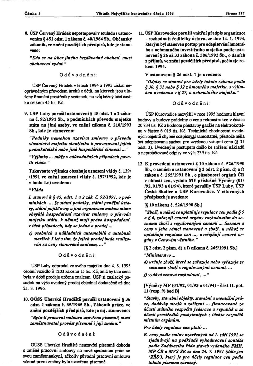 " ÚSP Červený Hrádek v letech 1994 a 1995 získal neoprávněným převodem úroků z účtů, na kterých jsou uloženy finanční prostředky svěřenek, na svůj běžný účet částku celkem 45 tis. Kč. 9.