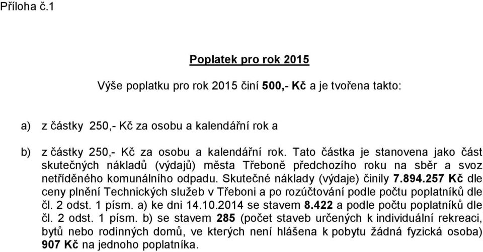 Tato částka je stanovena jako část skutečných nákladů (výdajů) města Třeboně předchozího roku na sběr a svoz netříděného komunálního odpadu. Skutečné náklady (výdaje) činily 7.894.