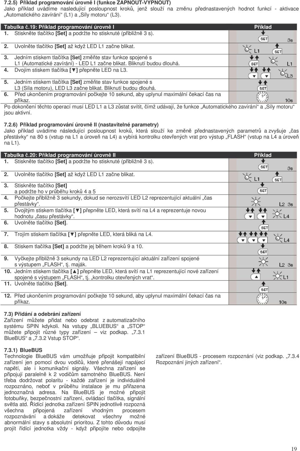 s). Píklad 2. Uvolnte tlaítko [Set] až když LED L1 zane blikat. 3. Jedním stiskem tlaítka [Set] zmte stav funkce spojené s L1 (Automatické zavírání) - LED L1 zane blikat. Bliknutí budou dlouhá. 4.