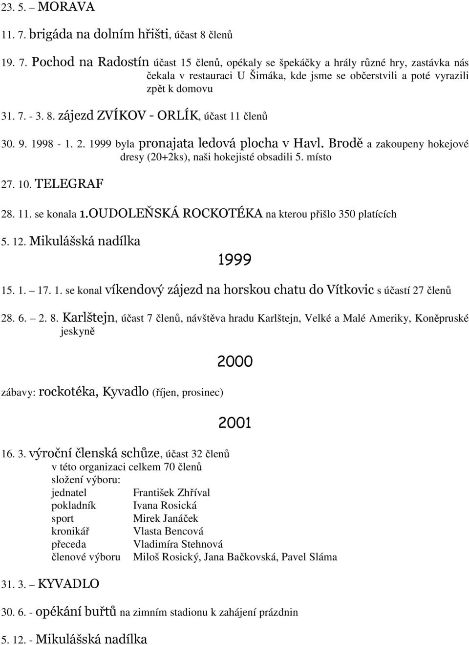 TELEGRAF 28. 11. se konala 1.OUDOLEŇSKÁ ROCKOTÉKA na kterou přišlo 350 platících 5. 12. Mikulášská nadílka 1999 15. 1. 17. 1. se konal víkendový zájezd na horskou chatu do Vítkovic s účastí 27 členů 28.