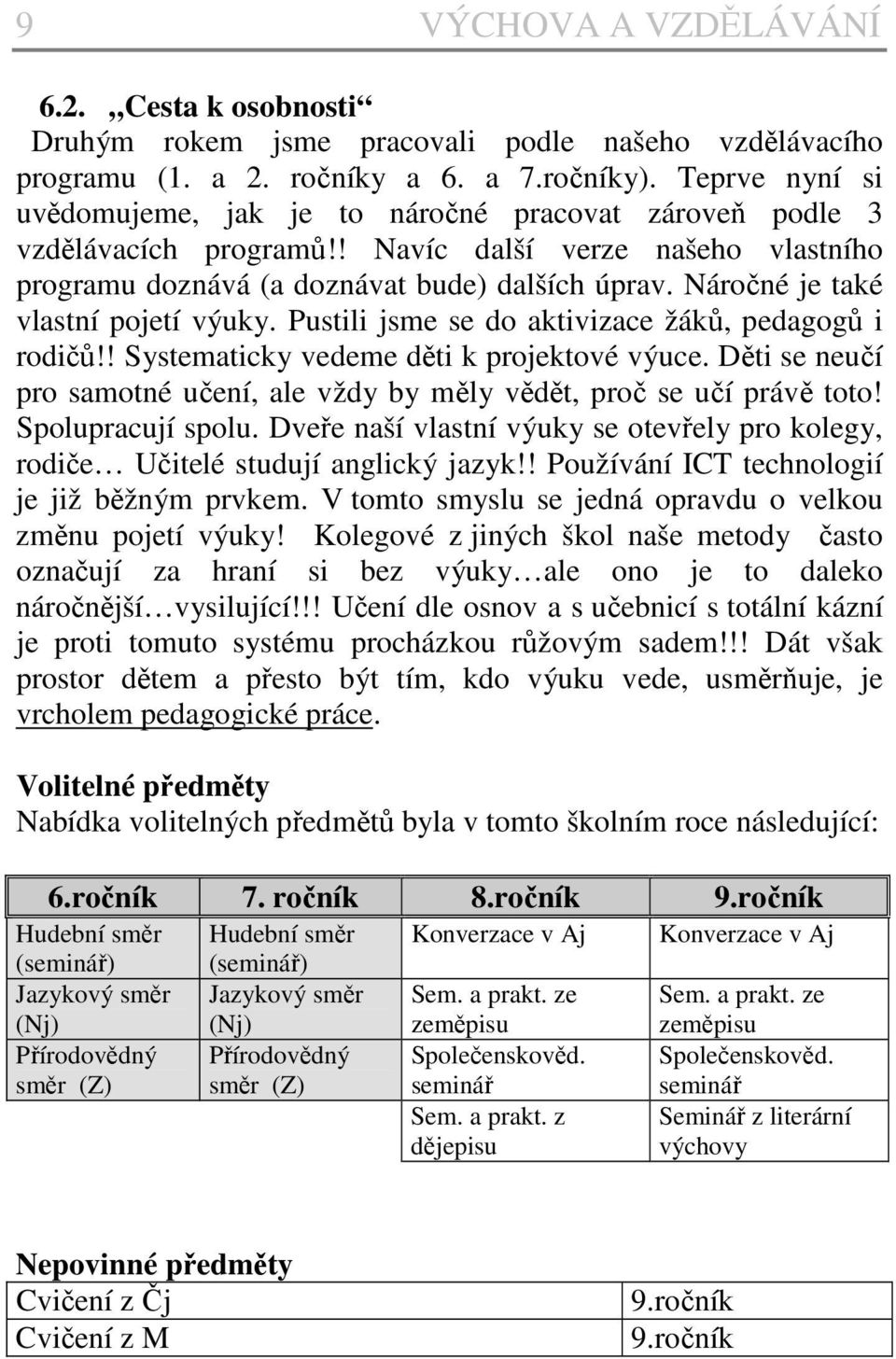 Náročné je také vlastní pojetí výuky. Pustili jsme se do aktivizace žáků, pedagogů i rodičů!! Systematicky vedeme děti k projektové výuce.