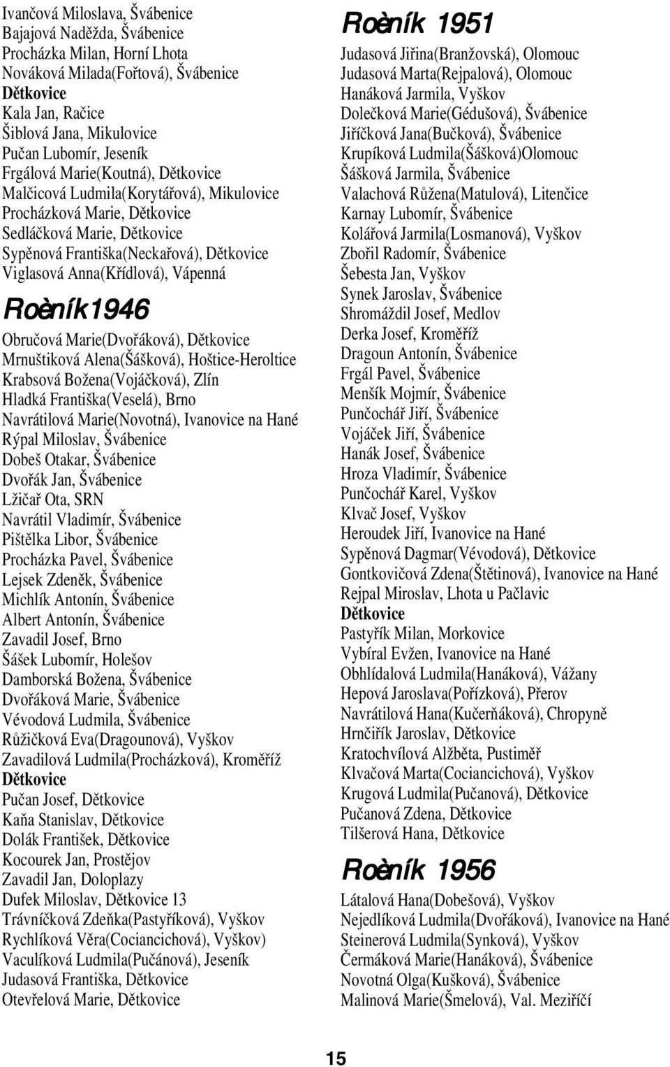 Vápenná Roèník1946 Obručová Marie(Dvořáková), Dětkovice Mrnuštiková Alena(Šášková), Hoštice Heroltice Krabsová Božena(Vojáčková), Zlín Hladká Františka(Veselá), Brno Navrátilová Marie(Novotná),