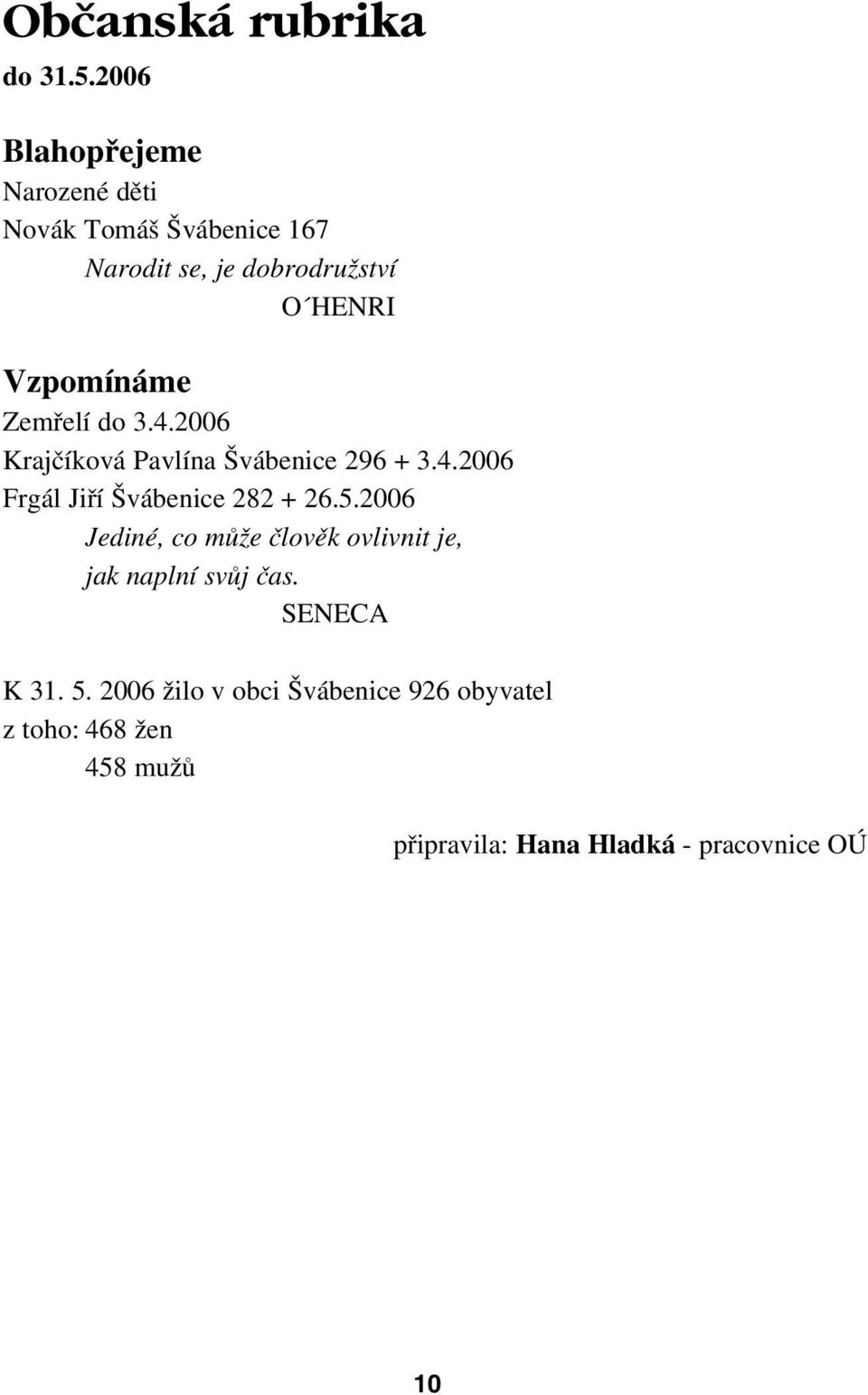 Vzpomínáme Zemřelí do 3.4.2006 Krajčíková Pavlína Švábenice 296 + 3.4.2006 Frgál Jiří Švábenice 282 + 26.