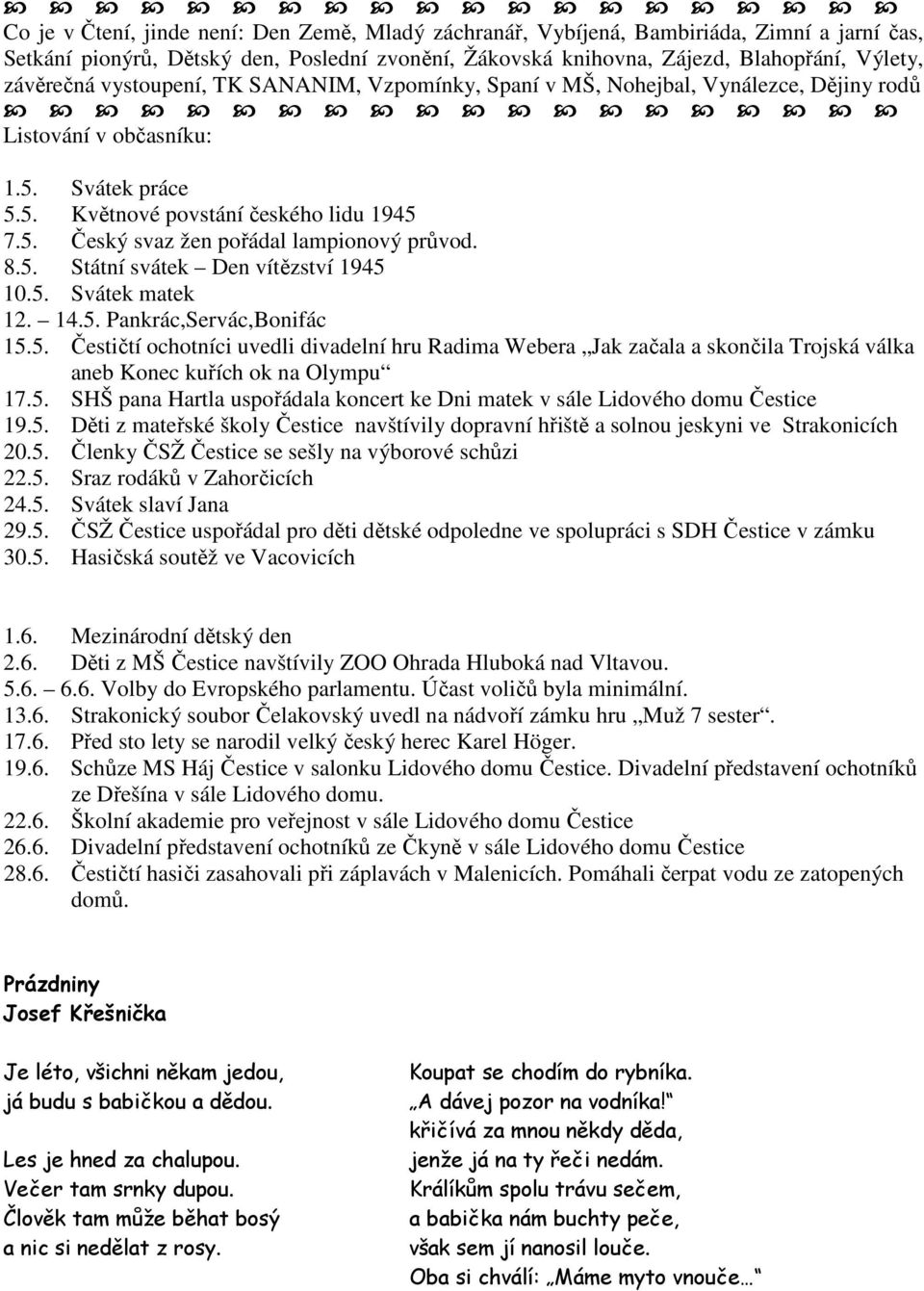 8.5. Státní svátek Den vítězství 1945 10.5. Svátek matek 12. 14.5. Pankrác,Servác,Bonifác 15.5. Čestičtí ochotníci uvedli divadelní hru Radima Webera Jak začala a skončila Trojská válka aneb Konec kuřích ok na Olympu 17.