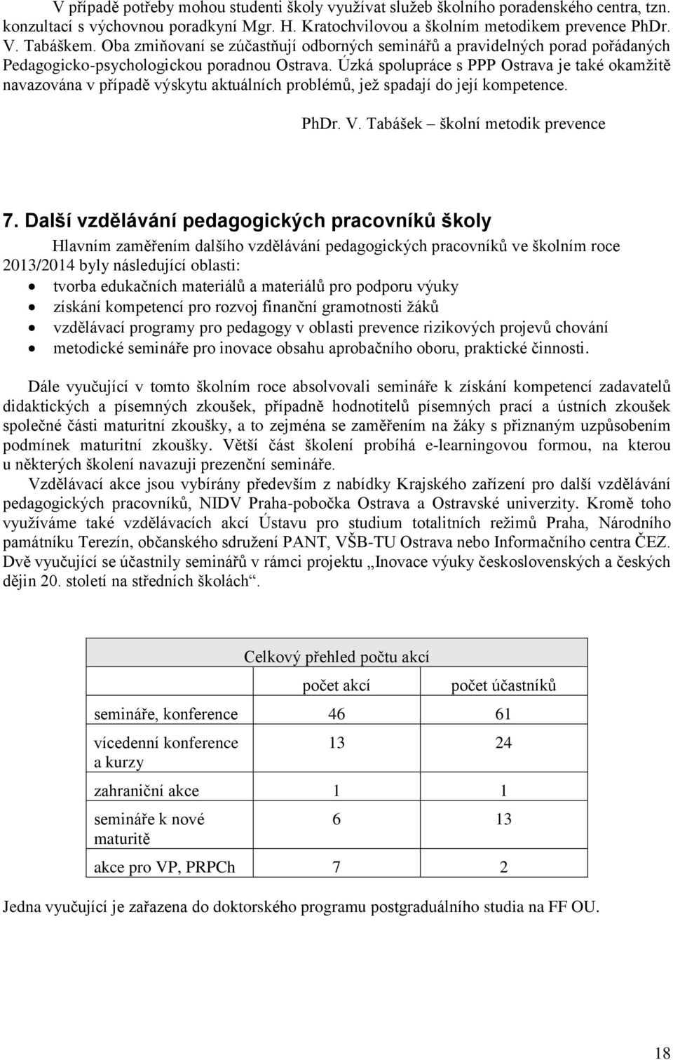 Úzká spolupráce s PPP Ostrava je také okamžitě navazována v případě výskytu aktuálních problémů, jež spadají do její kompetence. PhDr. V. Tabášek školní metodik prevence 7.