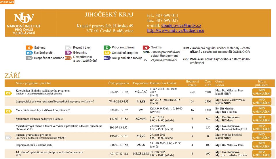 cz/budejovice ZÁŘÍ Koordinátor školního vzdělávacího programu studium k výkonu specializovaných činností L72-05-13-152 MŠ,ZŠ,SŠ Logopedický asistent - primární logopedická prevence ve školství