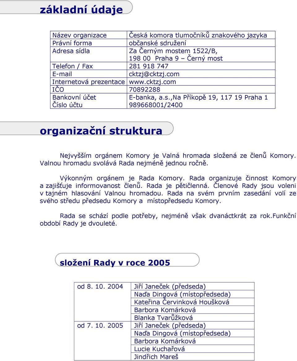 o účtu E-banka, a.s.,na Příkopě 19, 117 19 Praha 1 989668001/2400 organizační struktura Nejvyšším orgánem Komory je Valná hromada složená ze členů Komory.