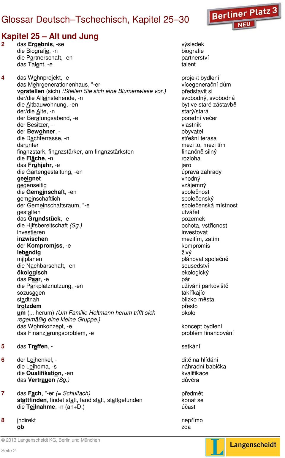 ) der/die Alleinstehende, -n die Altbauwohnung, -en der/die Alte, -n der Beratungsabend, -e der Besitzer, - der Bewohner, - die Dachterrasse, -n darunter finanzstark, finanzstärker, am