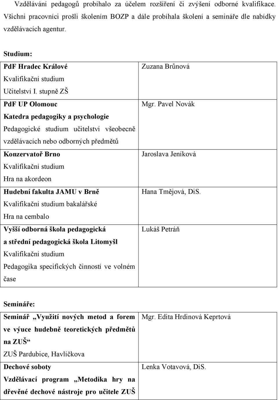 stupně ZŠ PdF UP Olomouc Katedra pedagogiky a psychologie Pedagogické studium učitelství všeobecně vzdělávacích nebo odborných předmětů Konzervatoř Brno Kvalifikační studium Hra na akordeon Hudební