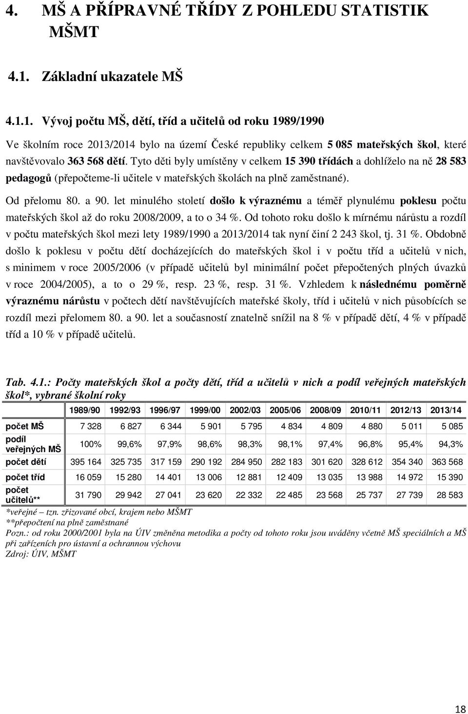 Tyto děti byly umístěny v celkem 15 390 třídách a dohlíželo na ně 28 583 pedagogů (přepočteme-li učitele v mateřských školách na plně zaměstnané). Od přelomu 80. a 90.