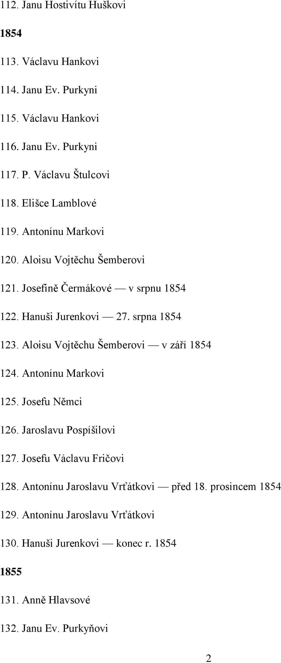 Aloisu Vojtěchu Šemberovi v září 1854 124. Antonínu Markovi 125. Josefu Němci 126. Jaroslavu Pospíšilovi 127. Josefu Václavu Fričovi 128.