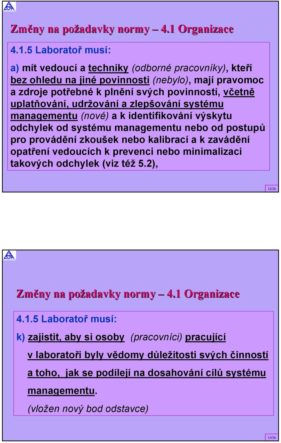 5 Laboratoř musí: a) mít vedoucí a techniky (odborné pracovníky), kteří bez ohledu na jiné povinnosti (nebylo), mají pravomoc a zdroje potřebné k plnění svých povinností, včetně