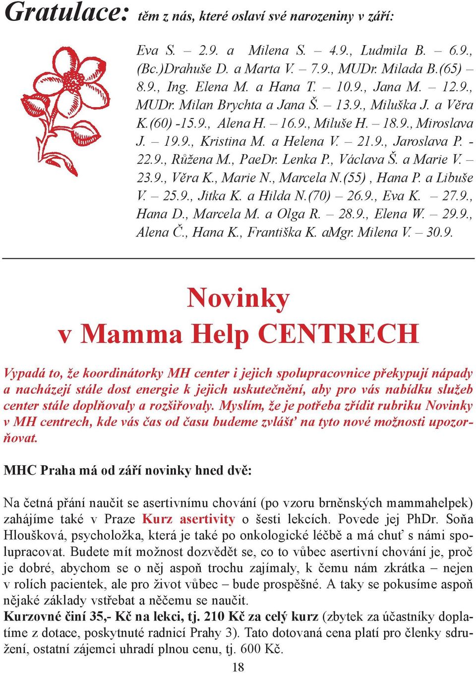 Lenka P., Václava Š. a Marie V. 23.9., Věra K., Marie N., Marcela N.(55), Hana P. a Libuše V. 25.9., Jitka K. a Hilda N.(70) 26.9., Eva K. 27.9., Hana D., Marcela M. a Olga R. 28.9., Elena W. 29.9., Alena Č.